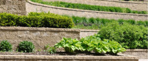 Creative precast concrete block retaining wall design increases style and functionality of commercial residential outdoor space in Utah