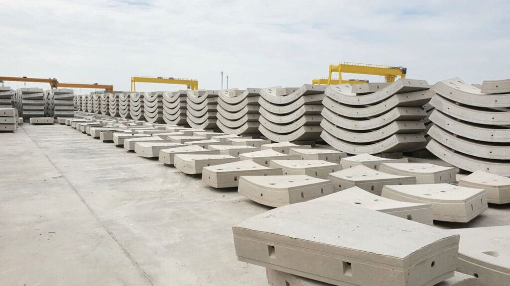 Stacks of precast concrete segments, showcasing Harper Precast's commitment to disaster-resilient infrastructure.