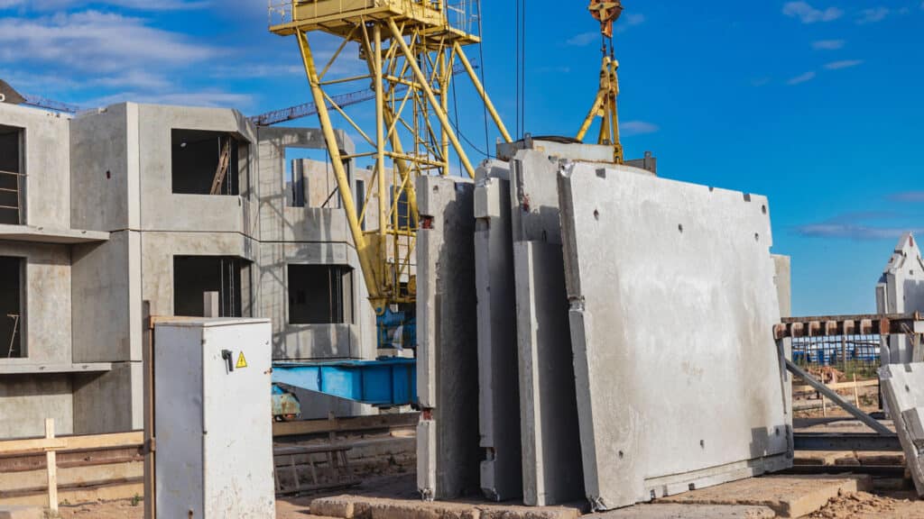 Precast concrete wall panels being installed on a commercial construction job site using crane