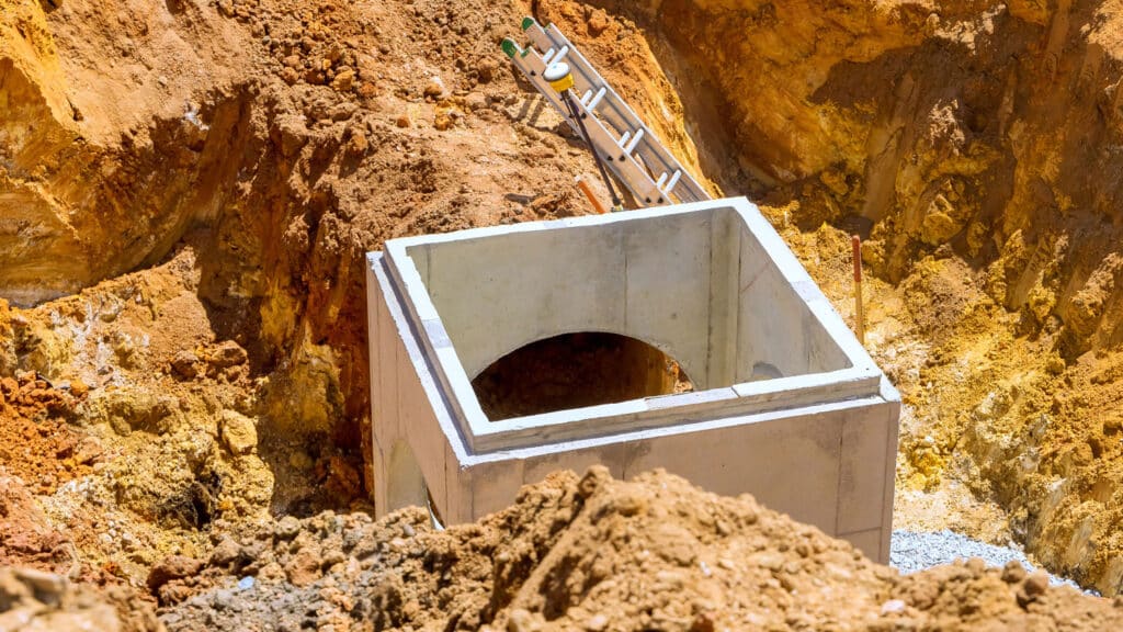 A precast concrete structure is installed in an excavated site, showcasing durability and sustainable design.