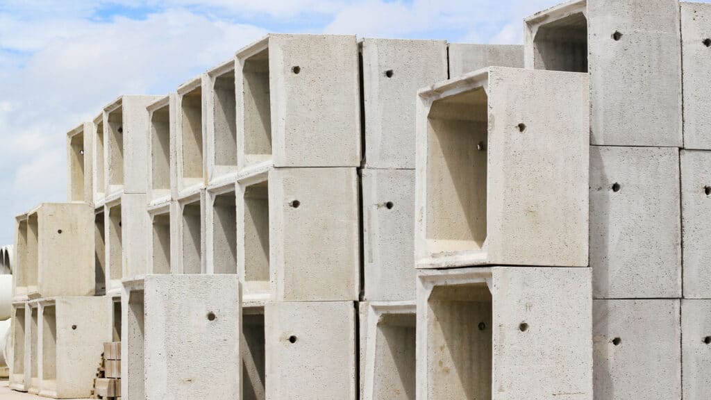 Precast concrete utility vaults staged for public infrastructure installation